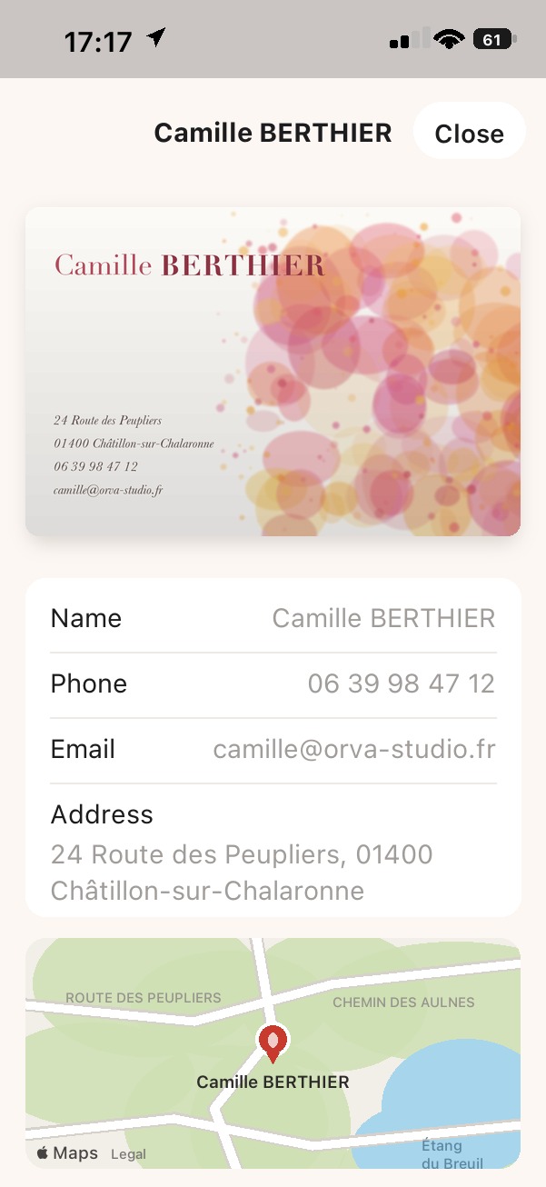 A record showing the photo of an illustrated card, the contact details, then the address pinned on a map.