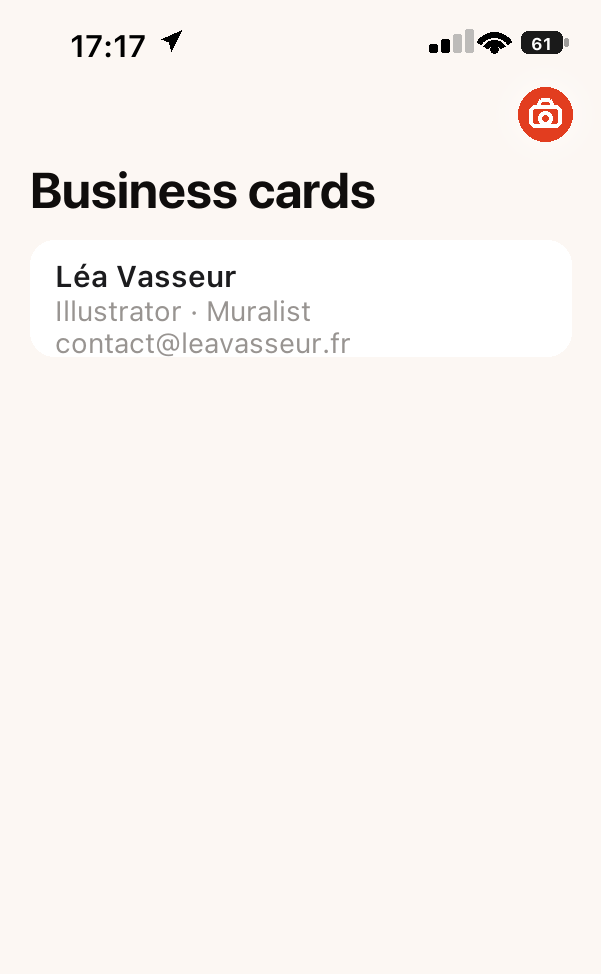 The business card list: each row shows the name, job title and email.